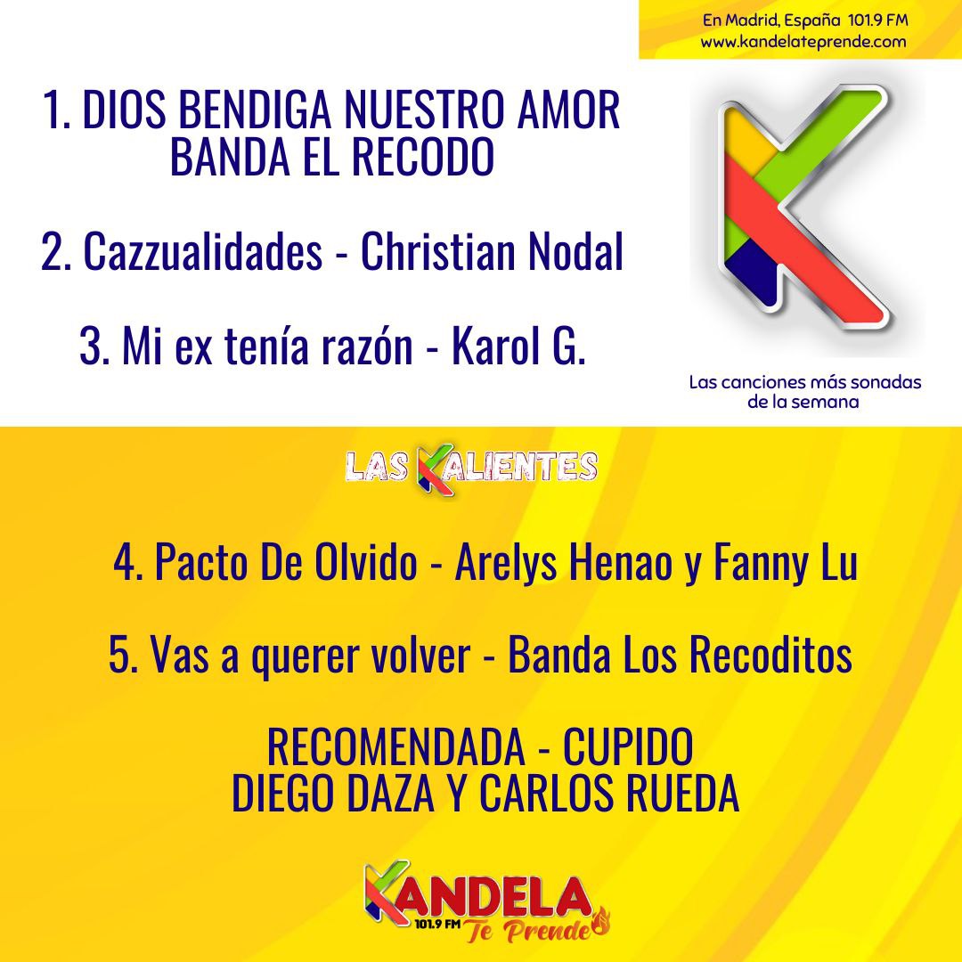 kandelateprende's tweet photo. #LASKALIENTES 🔥🔝💯 Las canciones más sonadas de la semana 

1️⃣ Dios Bendiga nuestro amor - #BandaElRecodo 

2️⃣ Cazzualidades - #ChristianNodal 

3️⃣ Mi ex tenía razón - #KarolG 
La radio familiar de Europa #Madrid 🇪🇸

RECOMENDADA

⭐🎵 Cupido - #DiegoDaza  #CarlosRueda

🇪🇸📻 https://t.co/szWO9FTEd3