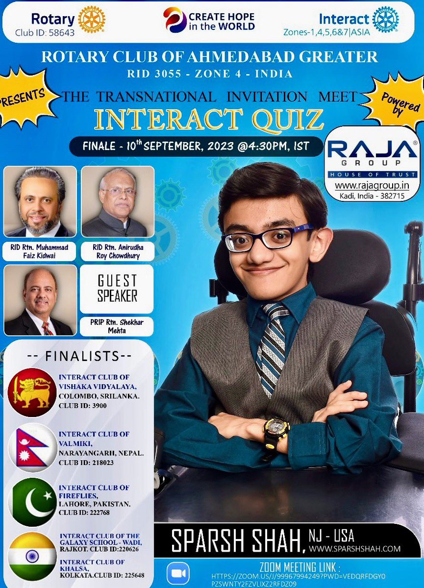 SparshPurhythm's tweet image. I am excited to deliver an inspirational keynote speech on how to become UNSTOPPABLE in life at Rotary Club of Ahmedabad Greater’s Transnational Interact Quiz Contest. 💥 Looking forward to share my journey into the secrets of resilience, determination, &amp;amp; success.

#Keynotespeech