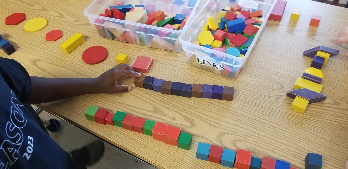 Creating patterns in Grade 1/2. Questions being asked sounded like: - can you tell me about your pattern? - how could younmake a pattern with more colours? less colours? - what happens if you change sizes and colours? #creativeminds #mathmatters #patternparty