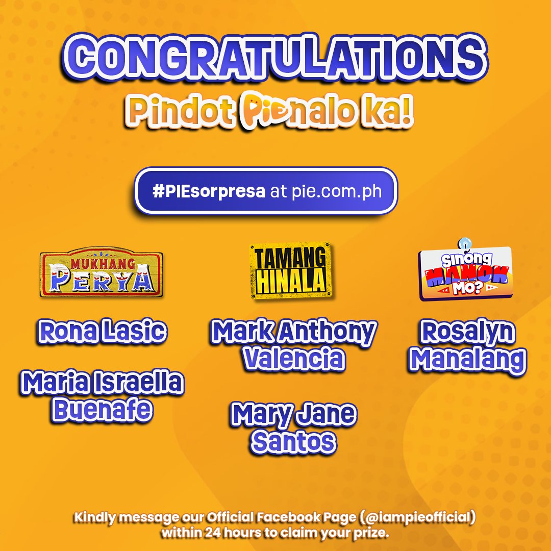 iampieofficial's tweet photo. CONGRATULATIONS sa mga nanalo sa #PIEsorpresa sa https://t.co/YHiYR662CT chat at dito sa @iampieofficial! #PindotPIEnaloKa for today ✨

Please DM our official pages within 24 hours para sa pag claim ng iyong prize. Salamat, KatroPIEs! https://t.co/0EVXRpADOP