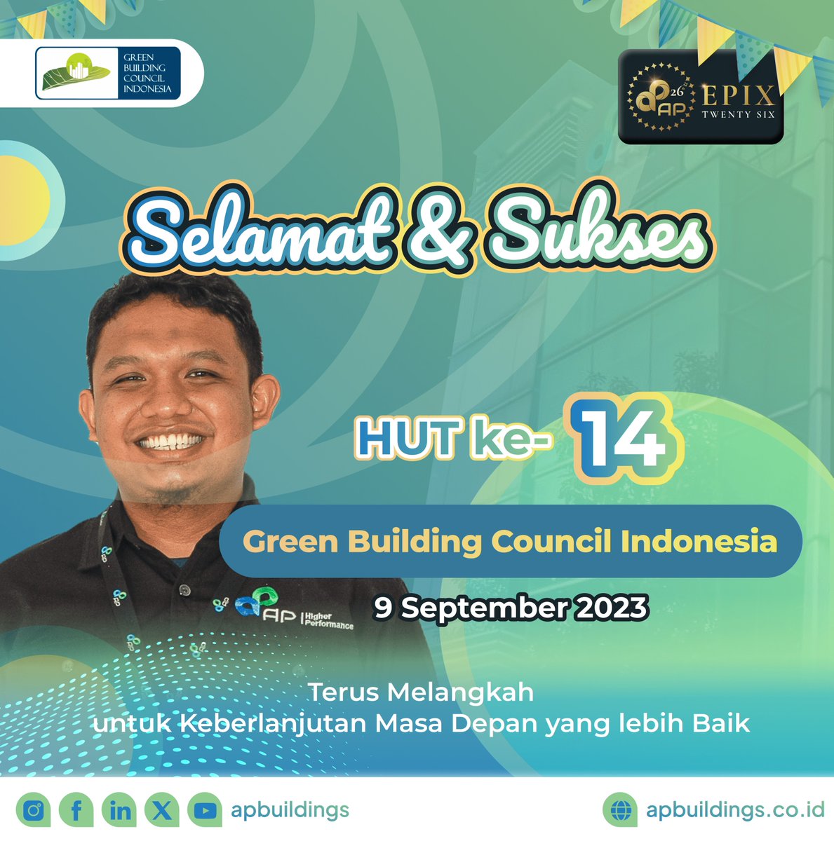 apbuildings's tweet photo. Selamat Hari Jadi GBCI (Green Building Council Indonesia) ke-14!
Bersama, kita jaga bumi untuk tetap lestari.
#APFriends, tag teman kamu untuk ikut merayakan hari istimewa ini, yaβ¦.
#GBCI #APBuildings #HigherPerformance #Operation #Maintenance #Consultation #Training https://t.co/N9D0OfNDSt
