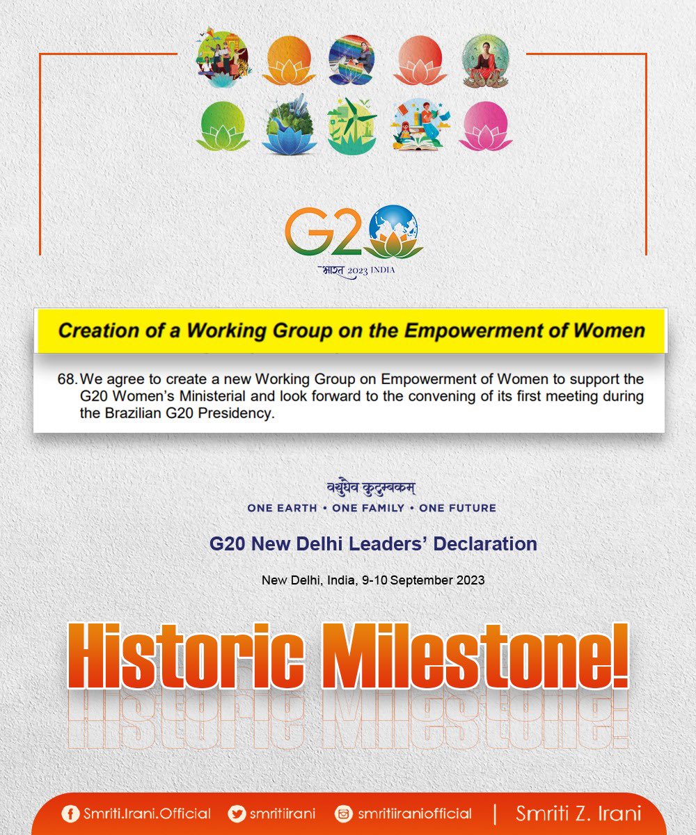 Creation of a Working Group on the Empowerment of Women!

This takeaway from the New Delhi Declaration is a historic milestone in the global journey of women’s empowerment. 

The Working Group will institutionalise the mission of Women-led Development to build an equitable world.