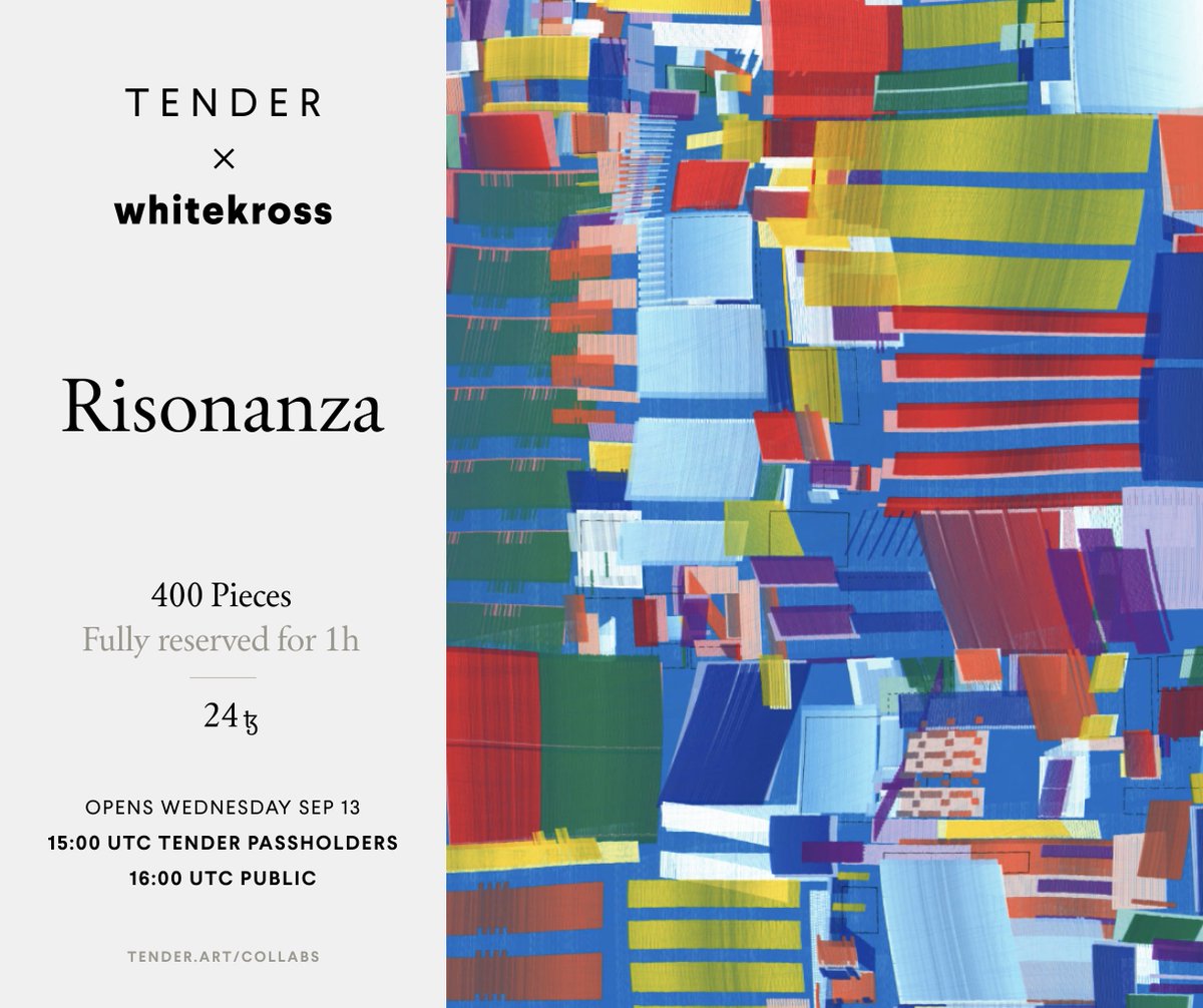 Announcing next Week's release! Risonanza TENDER x @whitekross Wed Sep 13 400 pieces of random generative artworks on @fx_hash_ This series seeks rhythm and joy within repetition, attempting a balance that achieves visual resonance... or Risonanza in 🇮🇹 Link · imgs · more👇