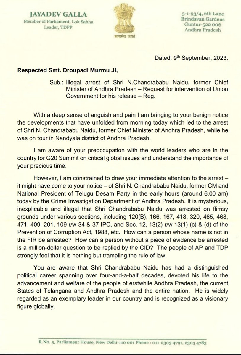 JayGalla's tweet photo. I appeal to the Hon @rashtrapatibhvn, Smt Droupadi Murmu ji; Hon PM of India, Shri @narendramodi ji and Hon Home Minister, Shri @AmitShah ji for their immediate attention to the perversity of justice playing out in AP in the matter of the illegal arrest of Shri @ncbn garu. (1/2) https://t.co/PTDzUfB0KK