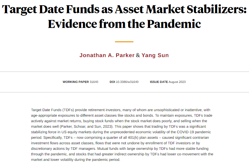 Target date funds, which buy stocks when the stock market crashes, created a flow of contrarian investments during the pandemic that helped stabilize equity markets, from <a href="/ProfJAParker/">Jonathan A. Parker</a> and Yang Sun nber.org/papers/w31640