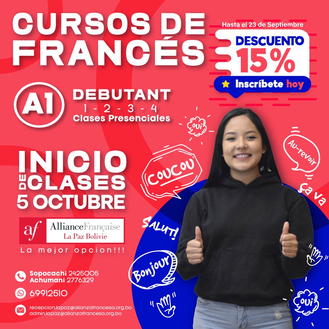 PROMO ¡15% de descuento, hasta el 23 de septiembre! más 5% acumulable a toda institución con convenio lapaz.alianzafrancesa.org.bo/calendario-de-……… #alianzafrancesalapaz #alianzafrancesabolvia #cursos #octubre #becas #promo #descuentosespeciales #institutfrançais #EmbajadaDeFrancia #CampusFrance