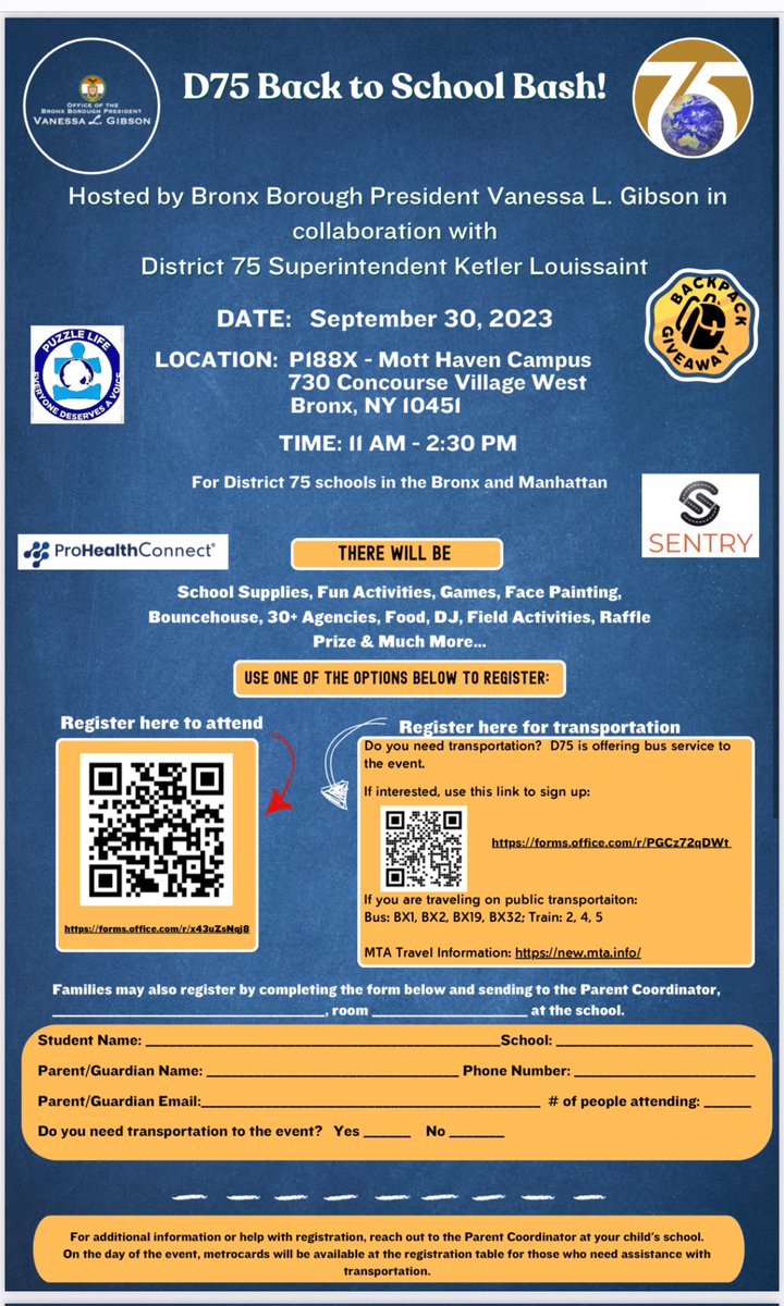 d75council's tweet photo. ❇️D75 Back to School events

September 23rd: 
This event is for District 75 Schools located in:Brooklyn Queens Staten Island

September 30: Bronx/Manhattan

Need transportation? Register for bus service to the event.

Use this link to sign up:
https://t.co/lKeysd6IbS https://t.co/o5lexBk63W