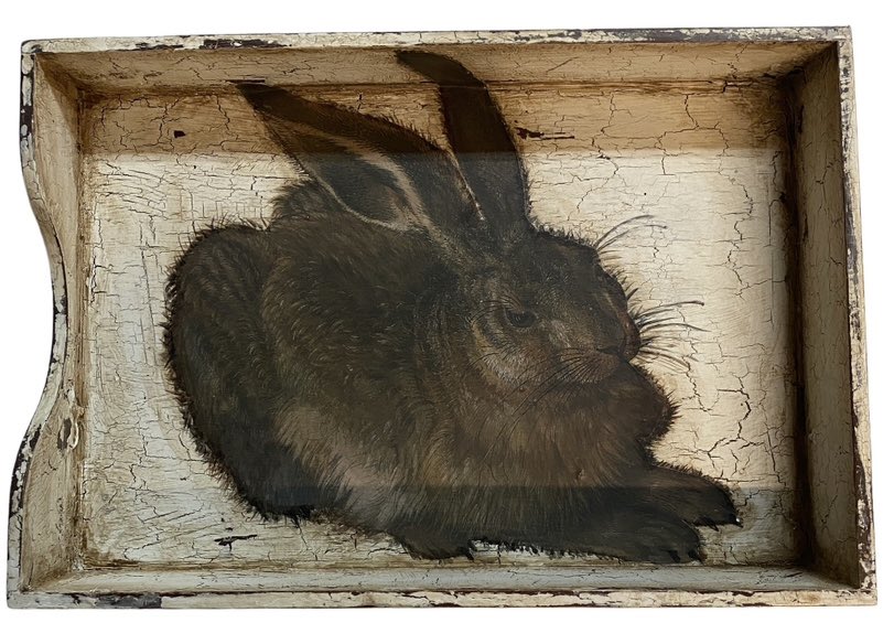 paintwithjim's tweet photo. “Tea time Hare tray”
No better way to snuggle in with a wee cup ow tea. A thrift find tray I painted with a base colour burgundy, top coat white. @AE_Finishes crackle, tinted scumble, transfer gel, photo copy, matte sealer. Wooly sweater and pinkies up 🐇 https://t.co/25b23B5TiD