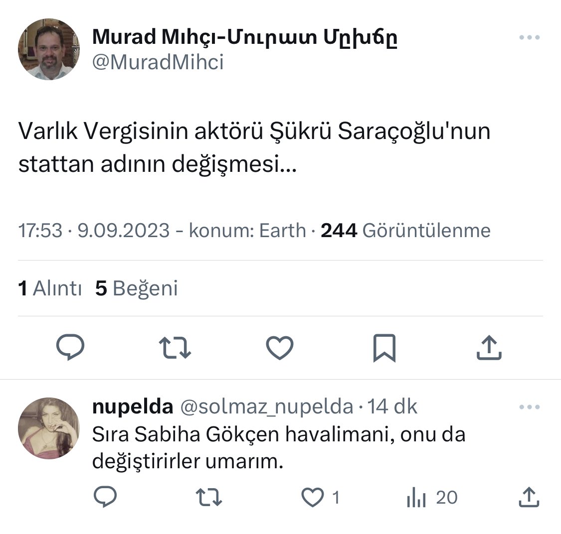 Biz Saraçoğlu’nun adı silinirse ermenisi, hdplisi sevinecek derken ne alaka diyen cahiller alın size, Üstteki yorum Ermeni kökenli bir gazeteci’ye ait, alttaki yorumu yapan da bir Hdpkk’lı oda hızını alamamış Sabiha Gökçen’in adı da havalimanından silinsin diyor. Gurur duyun!