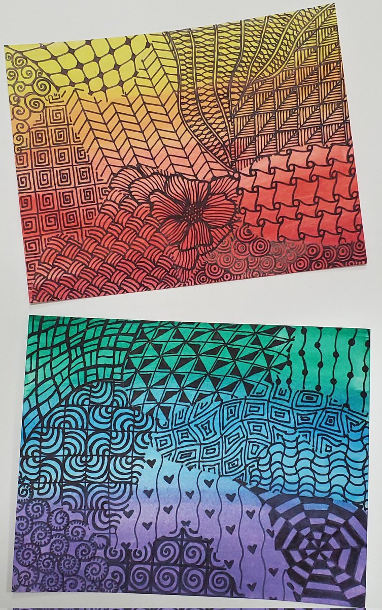 RiversoMaria's tweet photo. That's a wrap on Week 1 #BacktoSchool2023! 🙌#HappyWeekend with a bit more #tangling. Another collab 👇🏼 My nephew B painted this background, too. A nice set of warm & cool colour palettes. Thanks B ❤️
#Zentangle-inspired #mindfulness #reflection #gratitude https://t.co/NVWsizUneG