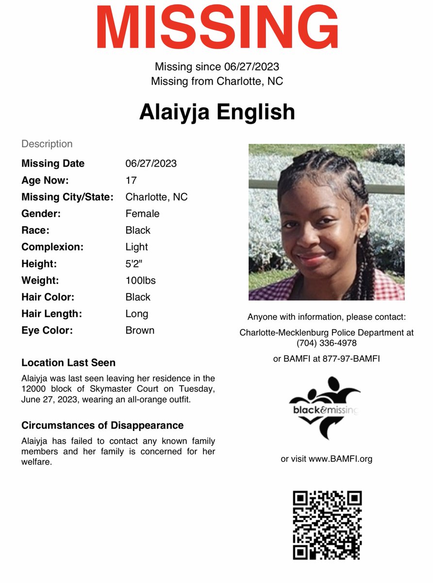 BAM_FI's tweet photo. #Charlotte, NC: 17y/o Alaiyja English is STILL MISSING!

Alaiyja was last seen leaving her home in the 12000 block of Skymaster Court on Tuesday, June 27. Skymaster Court is just off Sledge Road and Steele Creek Road in southwest Charlotte.

Pls SHARE to #HelpUsFindAlaiyja https://t.co/Vy3jru4Zti