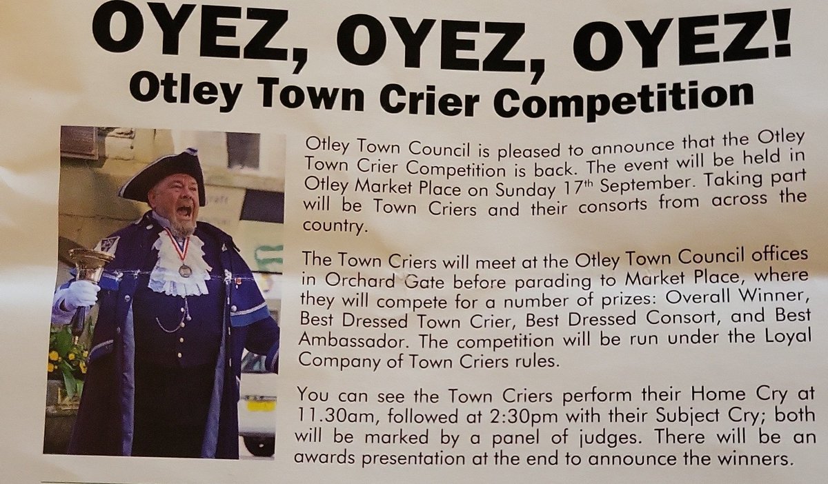 Otley Arts Scene (@artsotley) on Twitter photo I'm surprised <a href="/OtleyCouncil/">Otley Town Council</a> aren't shouting about this event from the rooftops 😉 - once again, the #Otley Town Crier Competition is taking place in the Market Place next Sunday 17th September I'm surprised <a href="/OtleyCouncil/">Otley Town Council</a> aren't shouting about this event from the rooftops 😉 - once again, the #Otley Town Crier Competition is taking place in the Market Place next Sunday 17th September