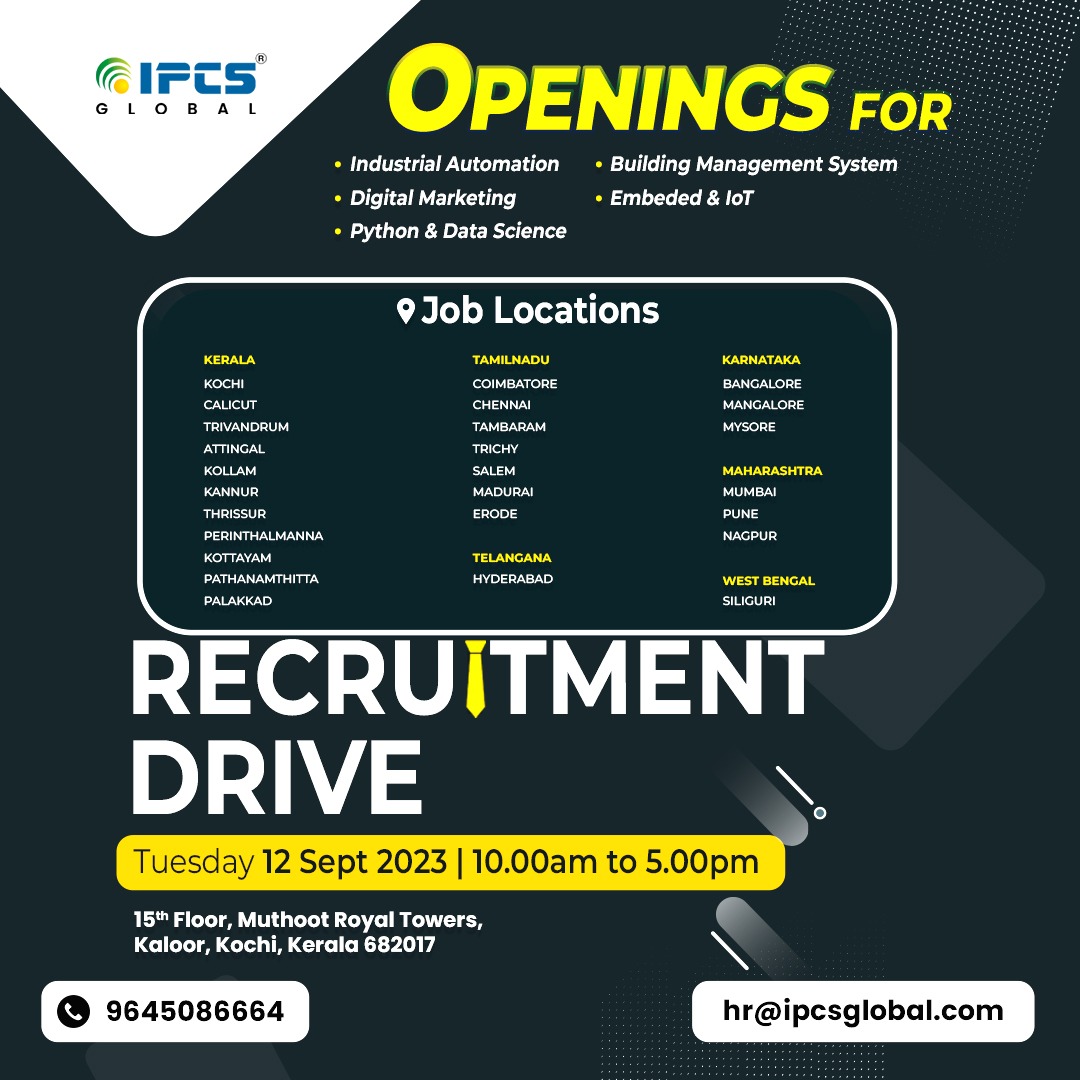 We're on the lookout for passionate individuals to join our dynamic team. We're thrilled to announce our upcoming Recruitment Drive at our Global Headquarters on September 12th, 2023!
For more details contact
📞9645086664
📞9846770771
.