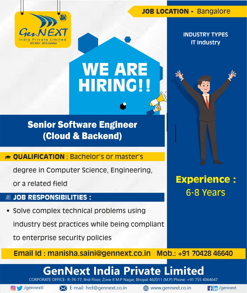 #urgentrequirements

Job Title:  Senior Software Engineer (Cloud & Backend)

#bangalorejob #backend #engineering #computerscience #cloud #hiring2023 #jobalert #jobalerts #job #work #jobalerts #vacancyjob #jobneed #liabilties #gennext #gennexthiring #gennextjob