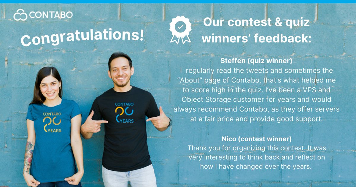 ContaboCom's tweet photo. 🏆 Congrats to the winners of our quiz and #20YearChallenge, and thanks to everyone who's taken part! Many of you scored high on the quiz about Contabo. Well done 💛💙
Winners will soon receive our merch: @OfficialMahler, @vascyt, @pyprism, Alexandre, and @Meerkap_.
#Contabo20 https://t.co/puAnbNx5KW