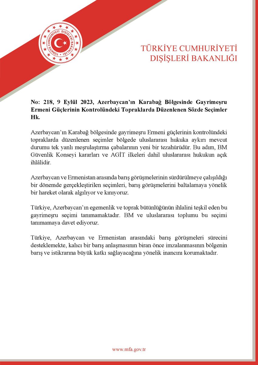 TC_Disisleri's tweet photo. Azerbaycan’ın Karabağ Bölgesinde Gayrimeşru Ermeni Güçlerinin Kontrolündeki Topraklarda Düzenlenen Sözde Seçimler Hk. https://t.co/7az9YMw8oN https://t.co/FsQtyCe6i2
