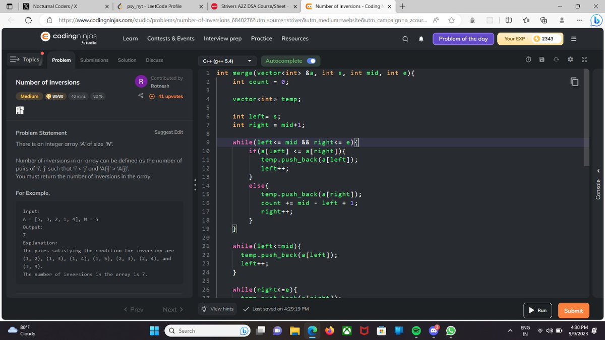 psyknyt's tweet image. ๐ Day 55 #100DaysOfCode
I forgot to update in the morning cos I had a busy and exhausting day
#DSA
๐ฏ Solved reverse pairs using merge sort algorithm
๐ฏ Solved number of inversions using merge sort on #codingninja
#development
โ None
#buildinpublic