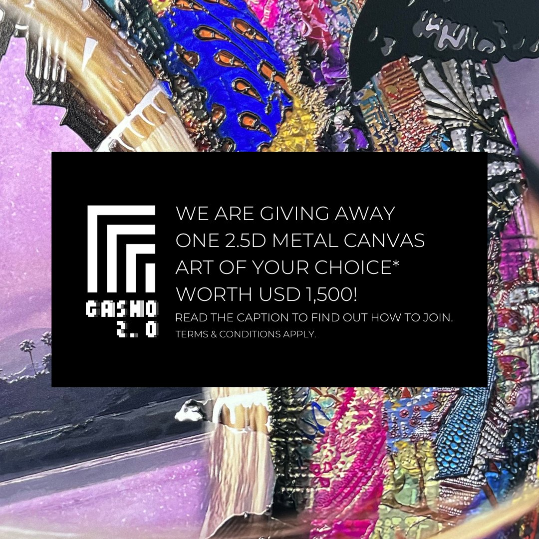 gaaat_art's tweet photo. [Giveaway] We are giving away a piece of our signature 2.5 dimensional metal canvas art (30cm x 30cm) worth USD1,500 to one lucky winner! The winner must own the digital artwork or NFT to be eligible for the prize.

To enter:
1. Follow @GASHO_2_0
2. Retweet & Like this post
3. Register for the Open House: https://t.co/i5bd2kETap
4. Snap your favourite artwork from our art exhibition and post it with the hashtag #MyGASHOArt.

Contest starts on 13 September, 12pm SGT and ends on 15 September, 12pm SGT.
Winner will be contacted via DM after 15 September. Good luck!

Terms and conditions apply.

#TOKEN2049