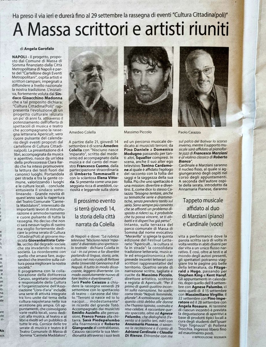 AngiGarofalo's tweet photo. 🌞 Buongiorno 
👉 #CulturaCittadina(Poli) fino al 29 settembre a Massa di Somma #musica #teatro #libri 

🎙 #GioacchinoMadonna
     #AmedeoColella        #MassimoPiccolo #PaoloCaiazzo
#Loradaria 

🗞 #cronachedinapoli 
      #cronachediCaserta https://t.co/2mifyD9qIn