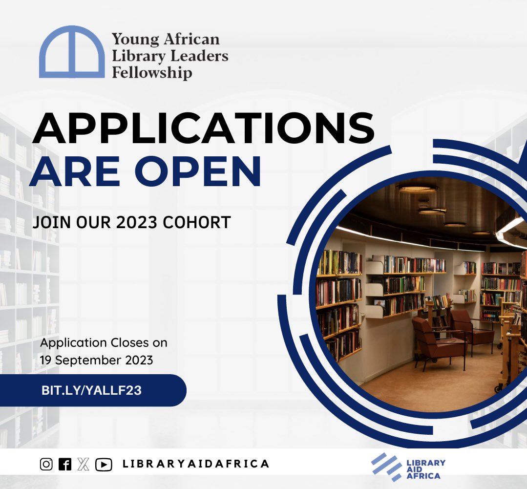 Applications for <a href="/YALLFellowship/">Young African Library Leaders Fellowship</a> #YALLF2023 are now open!

Are you a Young Library Leader who resides and work in an African country?

If yes, register here  bit.ly/YALLF23 to join our 2023 cohort of library leaders that will shape the #FutureOfAfricanLibraries