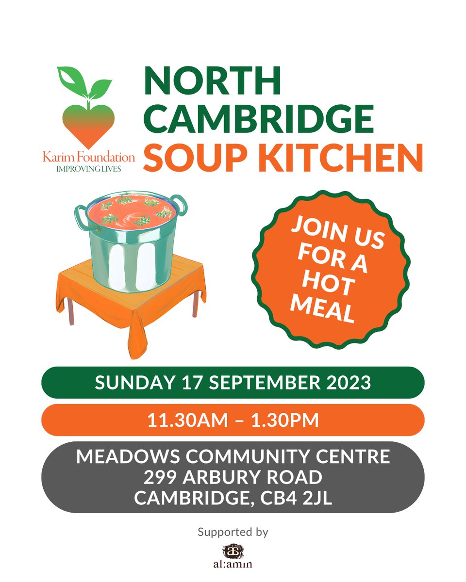 Welcome to our North Cambridge Soup Kitchen! 🍲 We'll be serving free hot soup with bread, providing a safe space for anyone in need of food, good company and support 💚🧡 📅 Sunday 17 September 2023, 11.30am – 1.30pm 📍 Meadows Community Centre, Cambridge See you soon! 👋