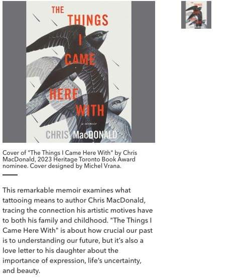 We're very proud to announce our own Chris MacDonald has been nominated for a <a href="/heritagetoronto/">Heritage Toronto</a> 2023 book award for their memoir, The Things I Came Here With (<a href="/ecwpress/">ECW Press</a>) Congratulations 🎉🎉🎉