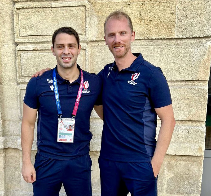 WayneBarnesRef's tweet photo. 16 years ago I refereed @IrishRugby v @GEORGIARUGBY in Bordeaux. 

Nika Amashukeli was 12 years old and watching the game in Tbilisi with his dad. 

How good is it that I get to run touch for him today in the @rugbyworldcup? https://t.co/3Oj5fftqOr