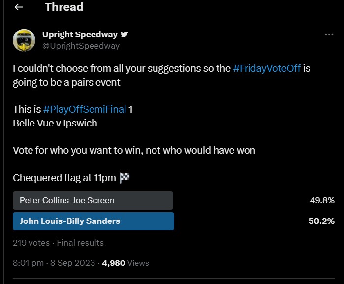 UprightSpeedway's tweet image. I just noticed that the Belle Vue v Ipswich #FridayVoteOff result says it's a draw on my phone. 
For those of you that missed the drama unfolding and the exciting finish, firstly where were you 🤷‍♂️and secondly this is the actual result 👌 

50.2%-49.8% not a 50-50 draw
