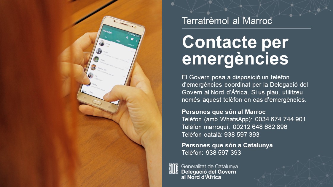 🔴 El <a href="/govern/">Govern de Catalunya</a> actualitza els telèfons per atendre emergències de persones afectades pel #Terratrèmol del #Marroc

📌 Utilitzeu aquestes línies només per a emergències

👉 Informeu-vos de l'evolució de les conseqüències del terratrèmol pels canals oficials del Marroc