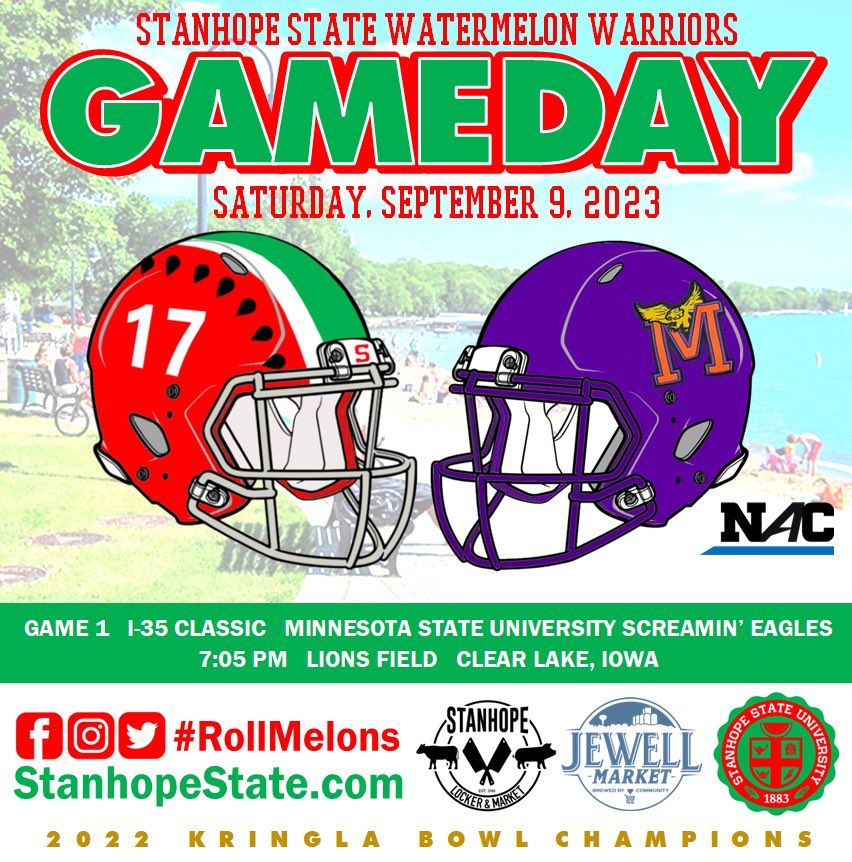 stanhopestate's tweet photo. GAMEDAY: The Kringla Bowl Champs kickoff for neutral site game at Clear Lake against Hayden Fox’s Screamin’ Eagles at the I-35 Classic.
⏰ 7:05pm
💰 Stanhope State -7.5
📺 Stratford Cable
📻 1750 WWN Campus Radio
📱 https://t.co/SfDG1TSipW
#rollmelons https://t.co/ww6K9f9FoX