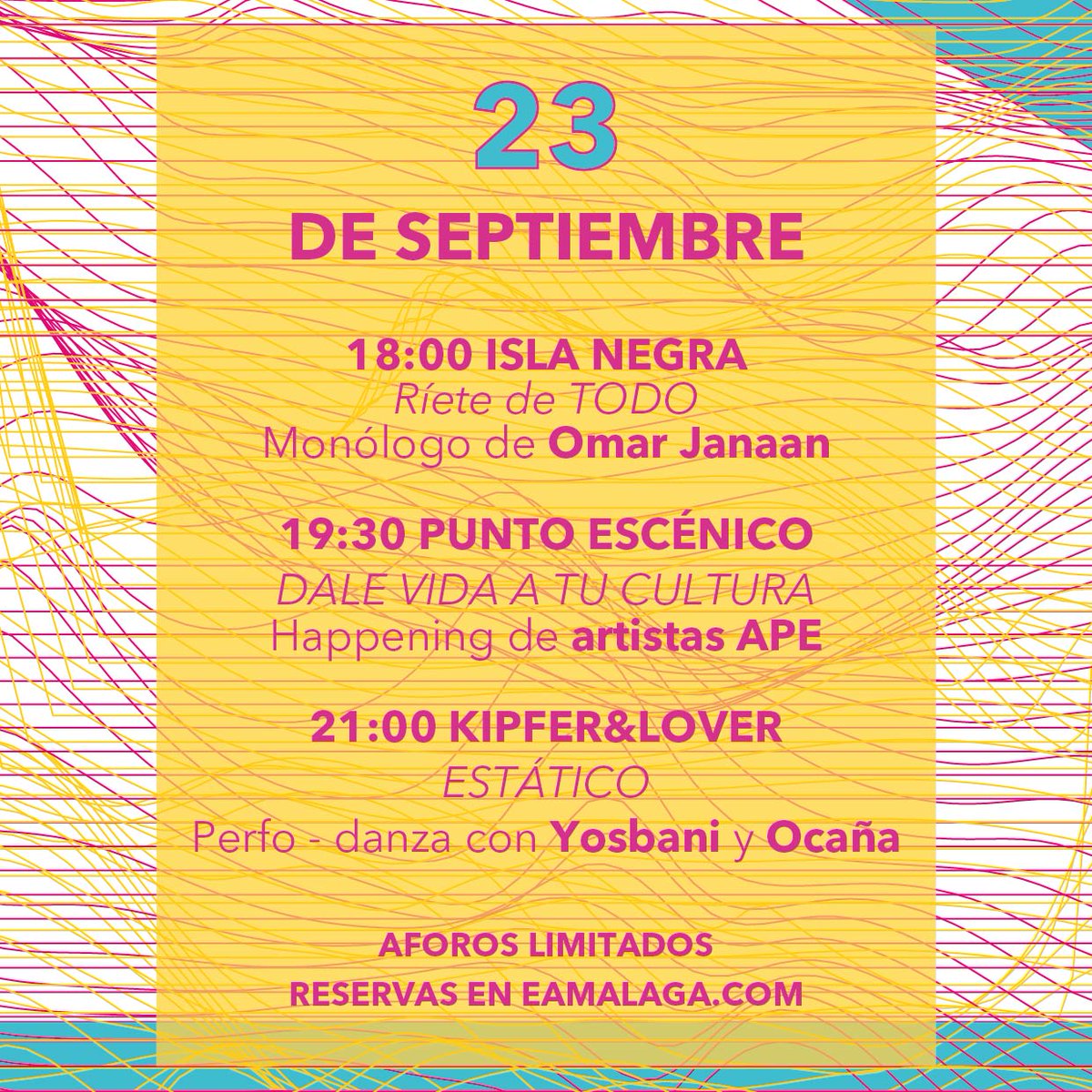 Tres performances harán que vivas la cultura el sábado 23 por la tarde, con las que cerraremos nuestro festival de otoño #CulturaViva  
𝗔𝗳𝗼𝗿𝗼 𝗹𝗶𝗺𝗶𝘁𝗮𝗱𝗼. 𝗛𝗮𝘇𝘁𝗲 𝗰𝗼𝗻 𝘁𝘂 𝗲𝗻𝘁𝗿𝗮𝗱𝗮 𝗲𝗻 eamalaga.com/cultura-viva-p…
Esta #VueltaAlCole #EncuentraArteEnMálaga