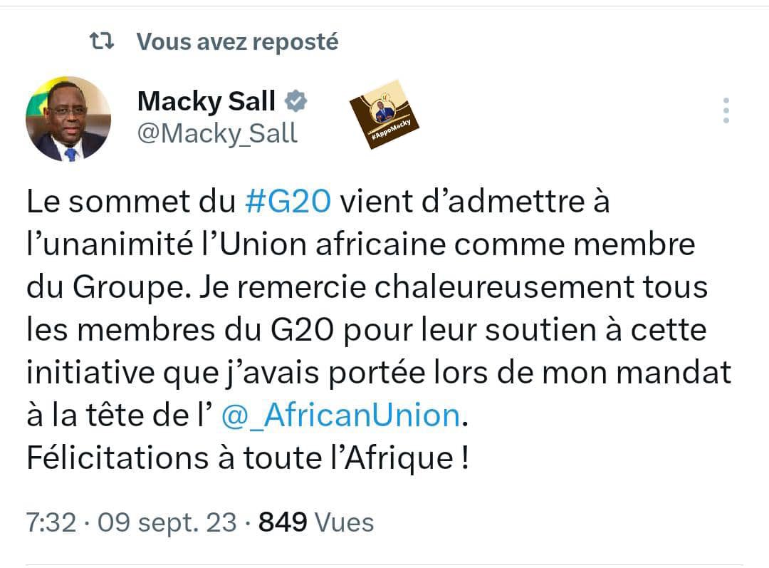 fayejuniorleon's tweet photo. Le sommet du G20 vient d’admettre à l’unanimité l’UA comme membre du Groupe. Je remercie chaleureusement tous les membres du G20 pour leur soutien à cette initiative que j’avais portée lors de mon mandat à la tête de l’Union africaine.
Félicitations à toute l’Afrique @Macky_Sall https://t.co/kFBSPUOj0V