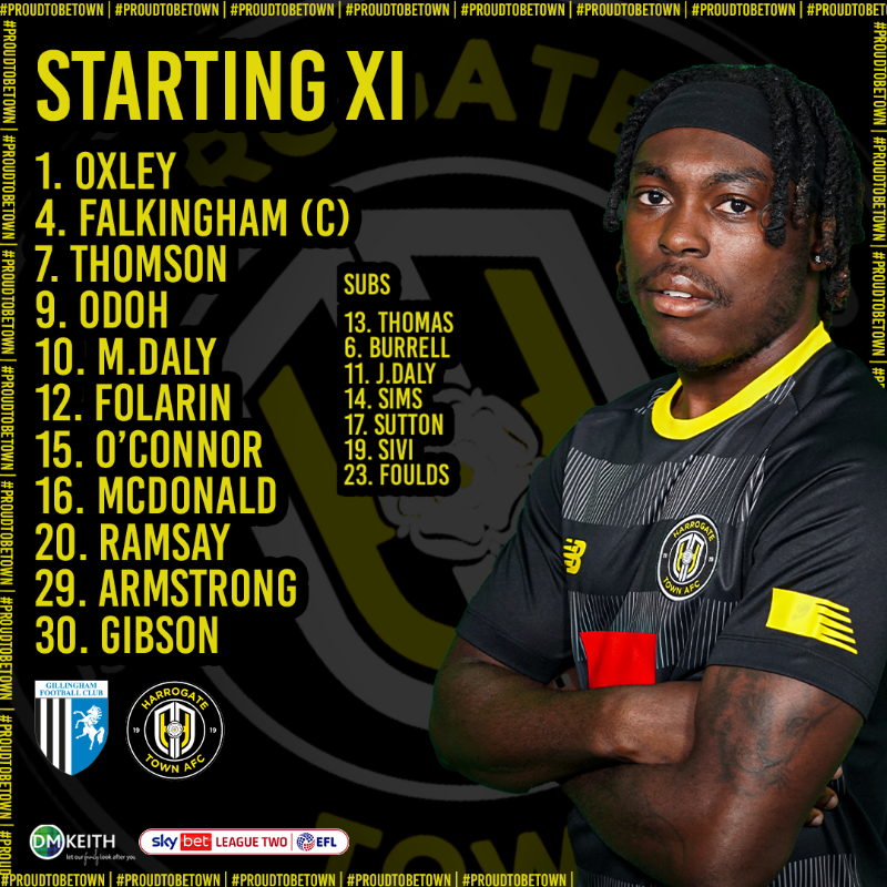 HarrogateTown's tweet photo. ⚫ Your Town line-up for this afternoon's clash 🟡

⏺ Armstrong returns 
⏺ Ramsay in for Sims