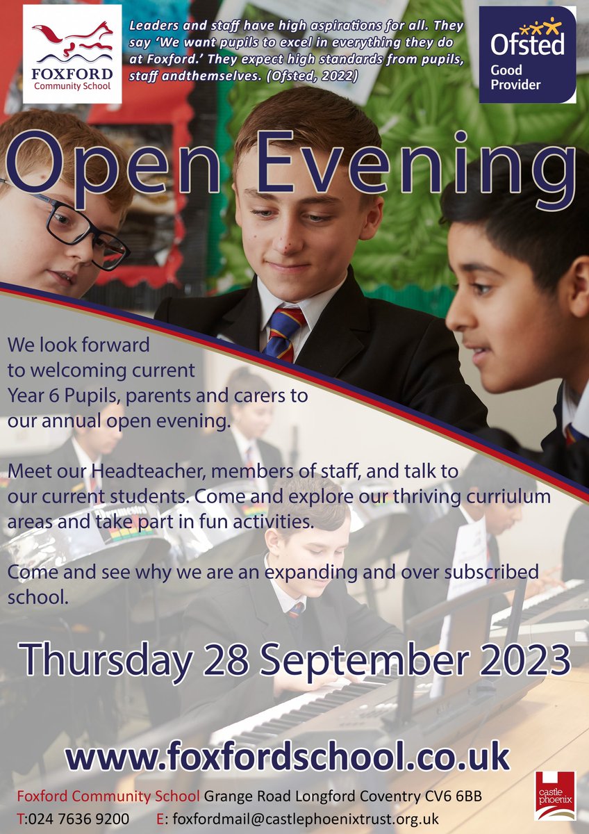 We are looking forward to welcoming Year 6 Pupils, parents and carers to our Open Evening on Thursday 28th September 2023 from 5pm - 7pm.
