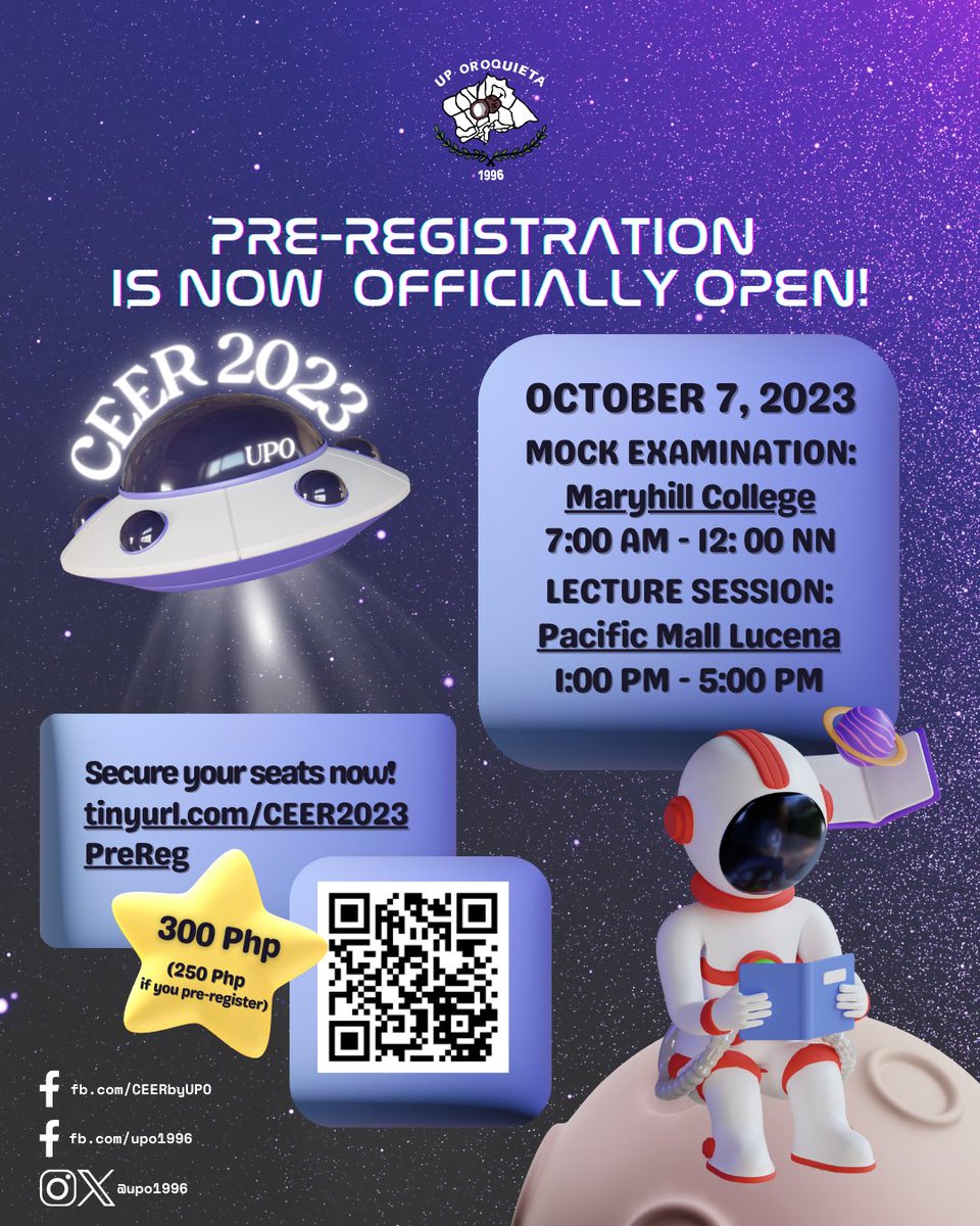 upo1996's tweet photo. Suit up, future CET takers! The UPO spaceship has landed 🛸 &amp; #CEER2023 pre-registration is now OPEN!📷 This October 7, #UPOroquieta is launching its annual College Entrance Exam Review (CEER) back to its full F2F setup! See infographics for the event &amp; pre-registration details. https://t.co/MDqK56DLKh
