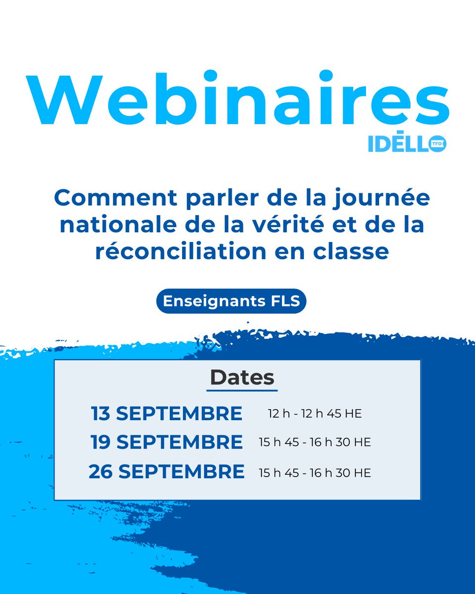 [Webinaires FLS] Participez à notre webinaire et obtenez les ressources sur la Journée nationale de la vérité et de la réconciliation et la Journée du chandail orange qui ont lieu le 30 septembre.

👇 Liens pour les inscriptions en commentaire.