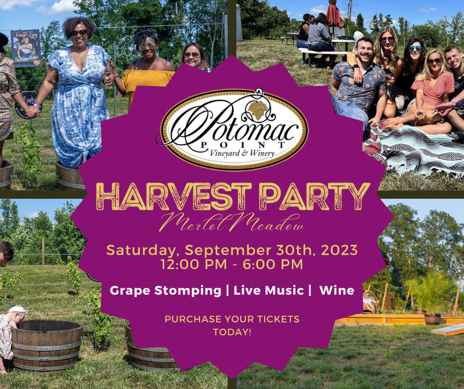 Get ready to stomp, sip, and groove at the Harvest Party hosted by Potomac Point Winery! Secure your spot by grabbing your tickets today at TourStaffordVA.com/Events and get ready to indulge in the magic of the harvest season. 

#TourStaffordVA #StaffordVA #VAwine #wine #winery