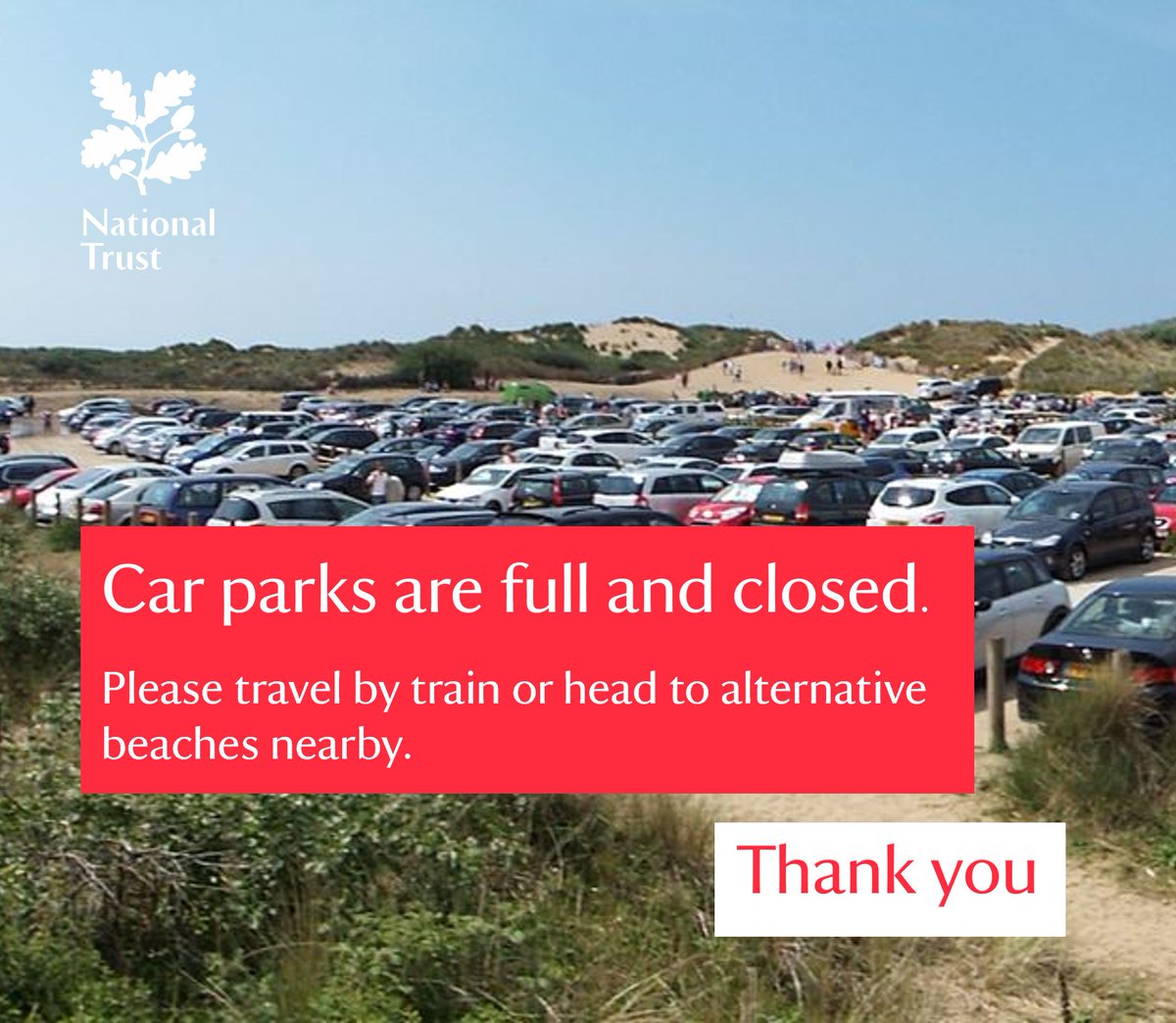 Both car parks are full and closed for the rest of the day. Please travel by train or head to alternative beaches nearby. 🚆 Plan your train journey here bit.ly/41KRd85 🏖 Sefton beaches bit.ly/3PJfBBC 🏖 Wirral beaches bit.ly/3PInB5Q Thank you.