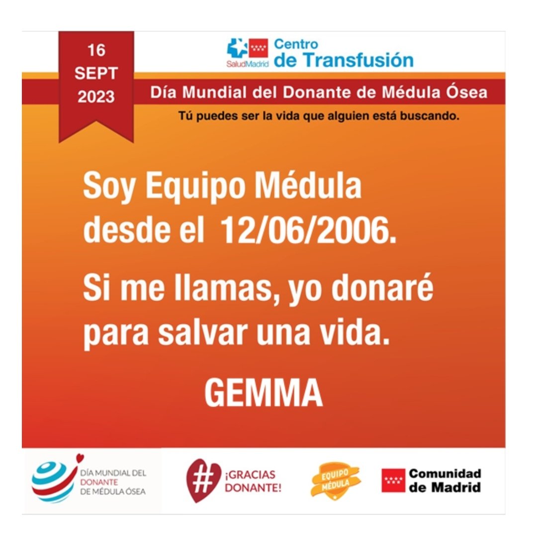 Necesitamos donantes de #médulaósea.

✅En torno a 100 madrileños/año necesitan un trasplante de #médula y no tienen familiar compatible. Puedes ser tú.

¡Únete al #EquipoMédula! #WMDD2023 #DMDMO2023

ℹ️ Más info: c.madrid/donarmedula