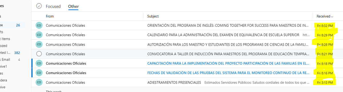 ettennil's tweet photo. @EDUCACIONPR @amprnet @FMPRLucha  Sirva la presente para la persona q nos bombardea d emails fuera d horas laborables, existe lo q se llama un horario de trabajo y entiendo q a las 8pm ningún empleado debería estar recibiendo emails. Esto es una muestra , puedo mostrar 382 más! https://t.co/en9qUkRBnM