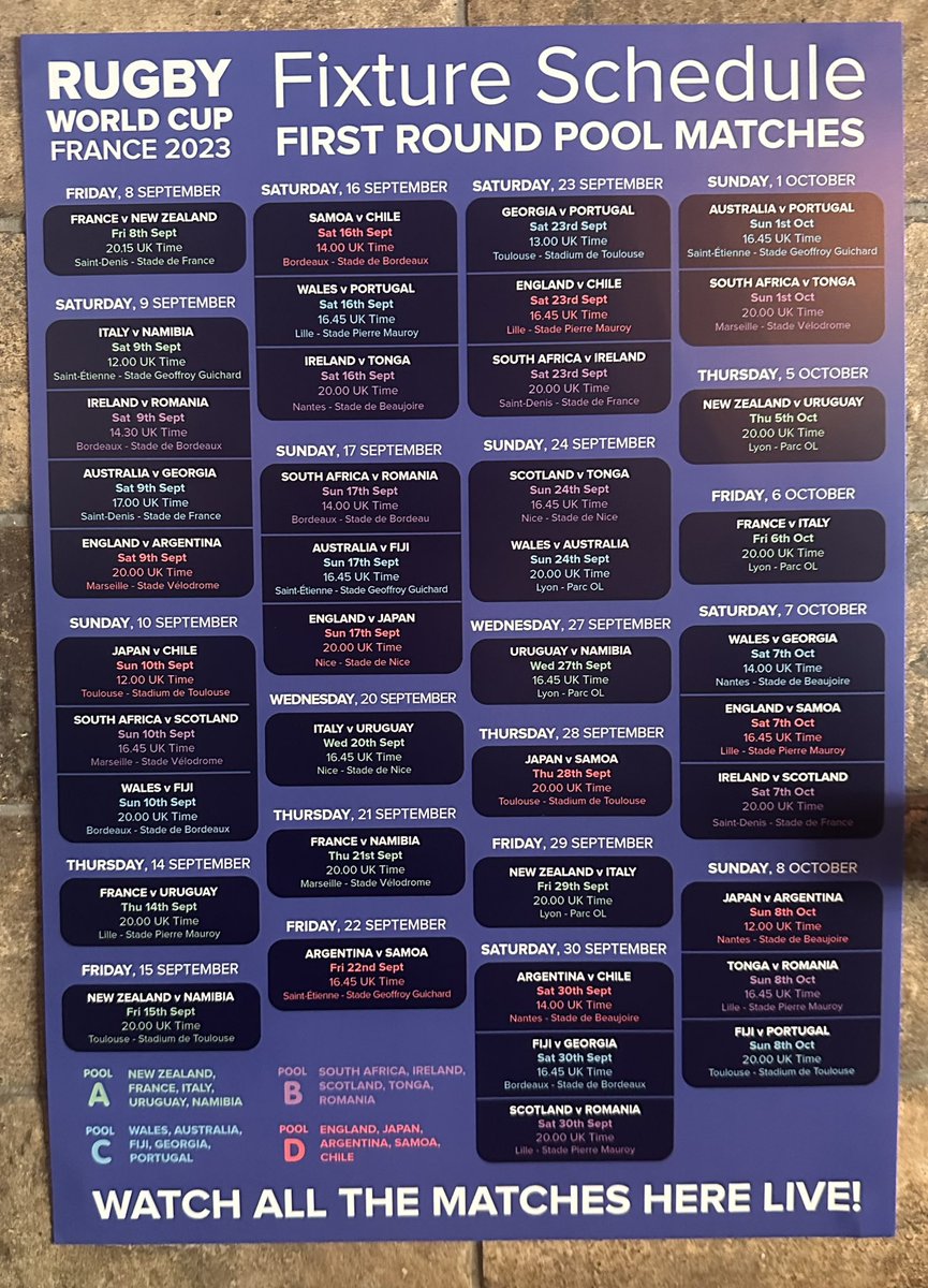 We are showing all games for the Rugby World Cup! Check the schedule below to see what games you would like to watch with us! 
Visit us on Hipswell Highway, CV2 5FR. 
-
-
-
-
#rugbyworldcup #rugby #pub #coventry #themillpool #themillpoolcoventry #millpool