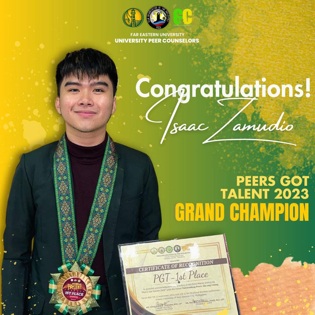 FEUPeers's tweet photo. They say “Success is delivered to the deserving”. 

Everyone, our Peers Got Talent 2023 Grand Champion! 🏆 

Warmest congratulations on your achievement, @isaaczamudio_! Your FEU Peers family is so proud of you, keep it up! https://t.co/DAc6a0LUoj