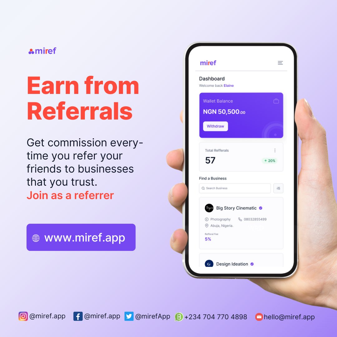MirefApp's tweet photo. Receive instant commission every-time you refer your friends to patronise businesses that you trust when you join miref as a referrer. https://t.co/1VEDrdoF0R
#WeWinTogether https://t.co/S3OHI6Pwb6