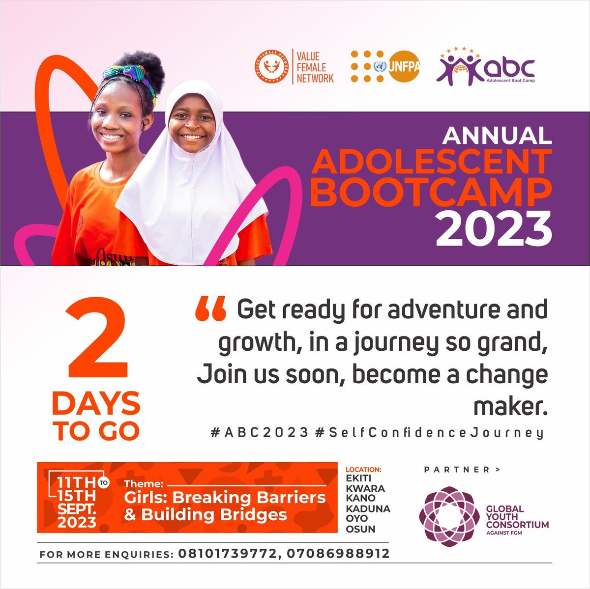 ValueFemaleNet's tweet photo. It’s almost here! In just [2] days, we’ll be uniting to empower, educate, and elevate. 🌍📚 #BootcampCountdown

#CountdownBegins #EveryGirlisCostly #EndFGM #ABC7thEdition https://t.co/UoIi4N4yCP