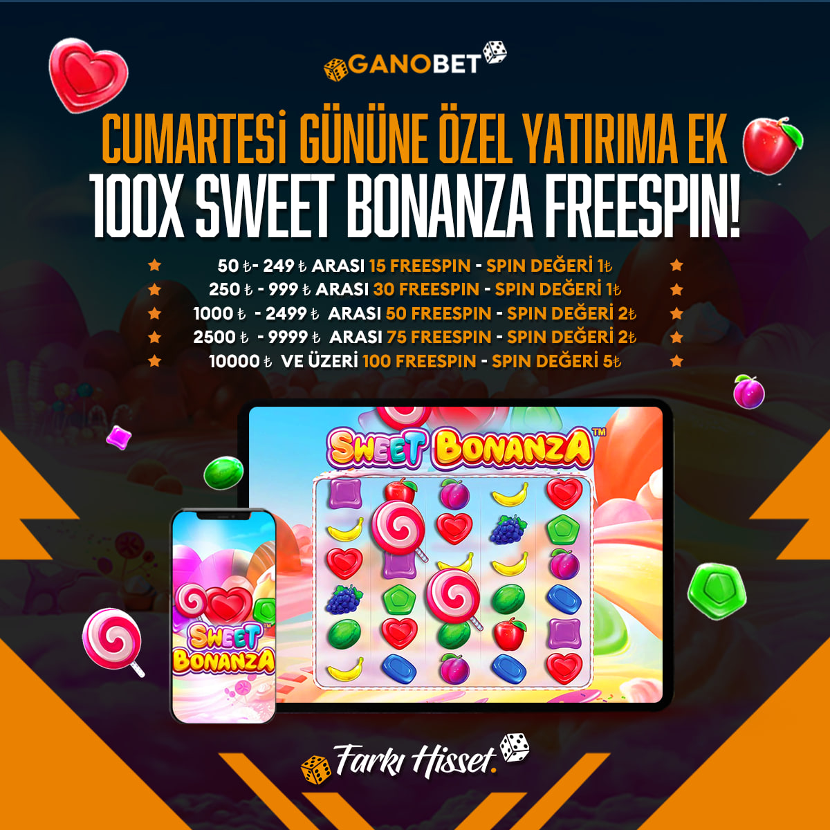 GANOBET İLE ŞEKERLENMEYE HAZIR MISINIZ? 

🔥 CUMARTESİ GÜNÜNE ÖZEL YATIRIMA EK 100X SWEET BONANZA FREESPİN! 🍬

✨ 50-249 ₺ Arası 15 Freespin
✨ 250-999 ₺ Arası 30 Freespin
✨ 1000-2499 ₺ Arası 50 Freespin 
✨ 2500-9999 ₺ Arası 75 Freespin 
✨ 10000 ₺ Ve Üzeri  100 Freespin