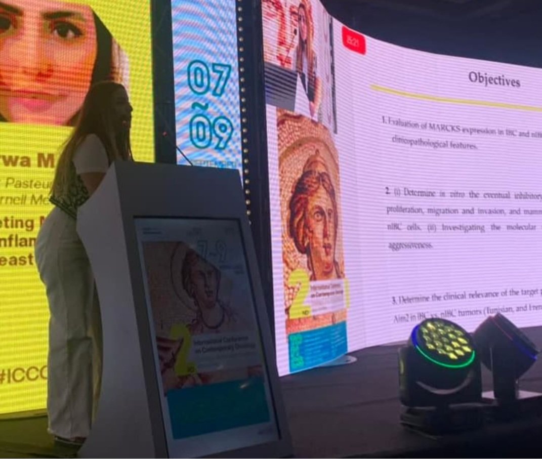 IBC_Consortium's tweet photo. We are proud to see our 2022 Early Career Investigator @MarwaManai3 presenting her awarded project, "Targeting MARCKS in #InflammatoryBreastCancer" at #ICCO23 in Tunisia, Africa. @boussen2011 @MCristofanill https://t.co/dCxlgZOjDl