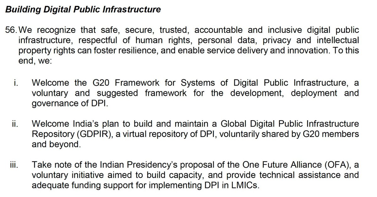 DPI is sprinkled all over the Leaders Declaration. From its use for financial inclusion to references to a global DPI repository and the One Future Alliance. Great to see the work of so many come to life in this document.
 g20.org/content/dam/gt…