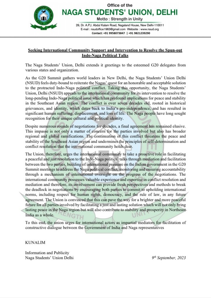 Seeking International Community Support and Intervention to Resolve the spun-out Indo-Naga Political Talks.
#G20Summit2023 #Indo_NagaPoliticalTalks #SelfDetermination #NagaUniqueHistory #HonourableAndAcceptableSolution #ThirdPartyIntervention 
<a href="/POTUS/">President Donald J. Trump</a>
 
<a href="/kishida230/">岸田文雄</a>
 
<a href="/RishiSunak/">Rishi Sunak</a>