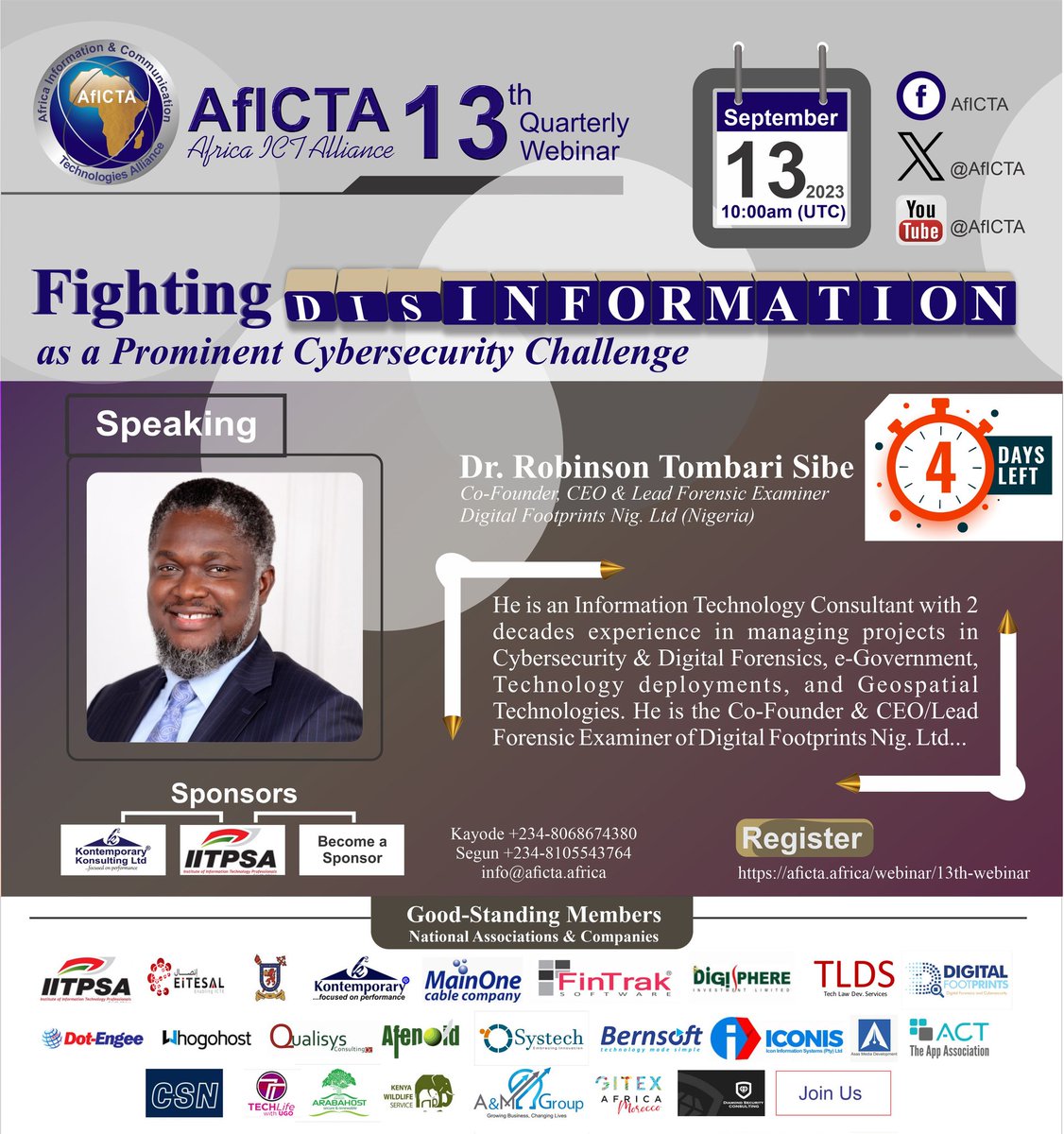 AfICTA's tweet photo. We're only 4 days away!

It's almost time for the *13th AfICTA quarterly eConference!* Join us on September 13th at 10:00am UTC to explore the important topic of "Fighting Disinformation as a Prominent Cybersecurity Challenge." 1/2 https://t.co/2nTFUiHHLb