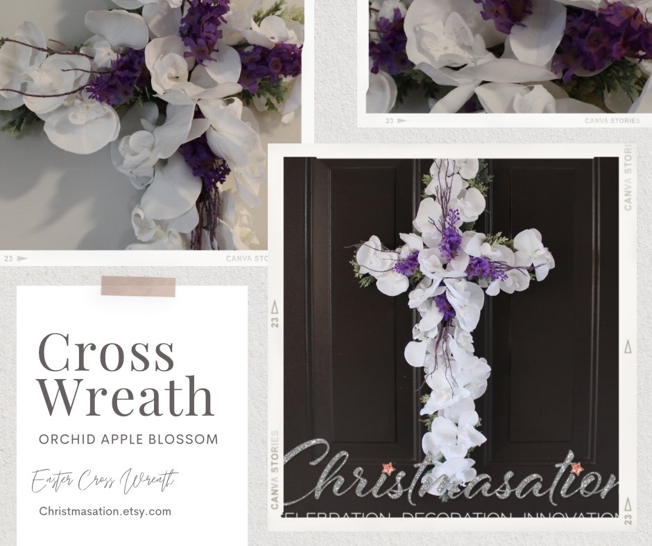 christmasation.etsy.com 
This exquisite one-of-a-kind Floral Cross Wreath with White Orchids and Purple Apple Blossoms is available at my #etsy shop:
etsy.me/3JipOV7 
#windowwreath #easterwreath #crosswreath #eastercrosswreath #whiteorchid #orchidwreath #floralcrosswreath